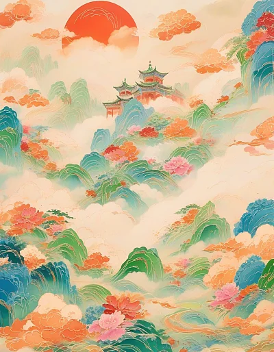 中国敦煌壁画风格山水云朵艺术