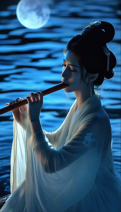 古风女子吹长笛月光下剪影