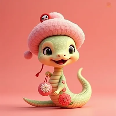 迪士尼风格红色绿色牡丹印花小蛇盲盒艺术3D卡通