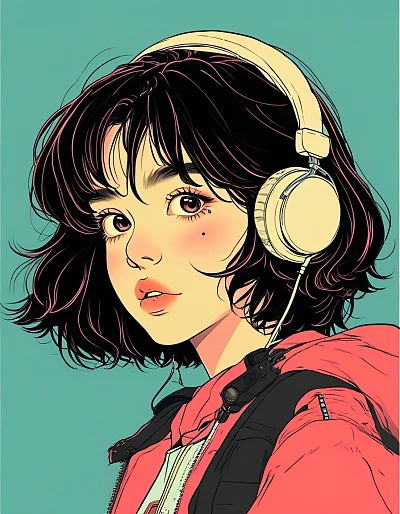 80年代复古日本动漫风格短发女孩插画