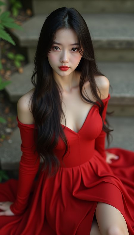 公园台阶上穿红色开叉长裙御姐风格摄影