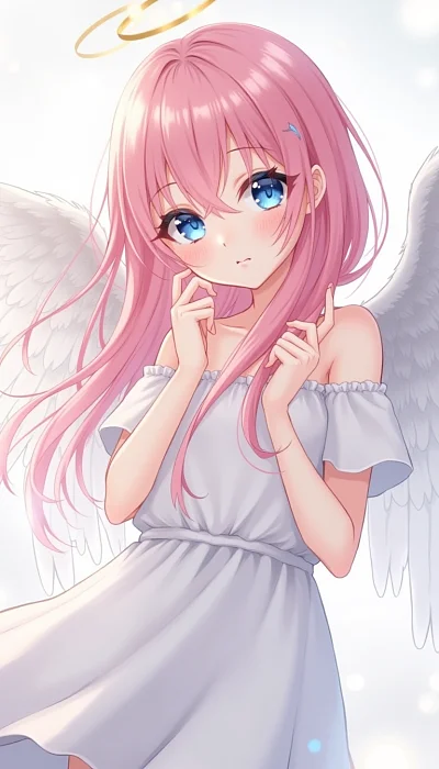 粉色长发天使女孩蓝色眼睛韩国漫画风格高分辨率