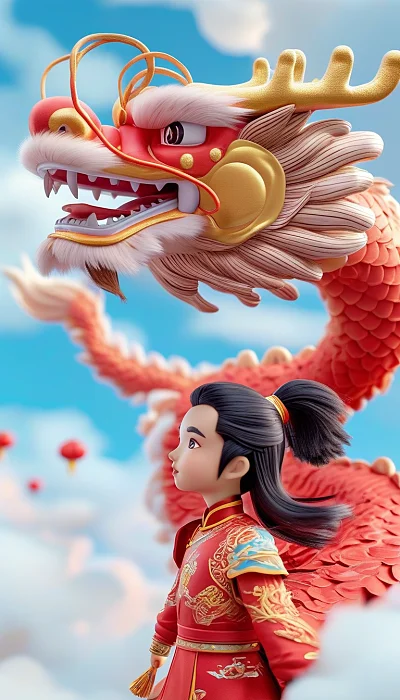 中国龙红色3D渲染少年骑乘泡泡玛特风格