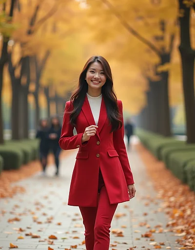 中国年轻女性秋季公园散步穿搭