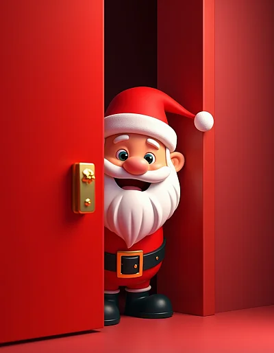红色背景下的三维卡通圣诞老人偷看