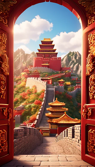 天安门广场长城背景中国国庆3D卡通海报