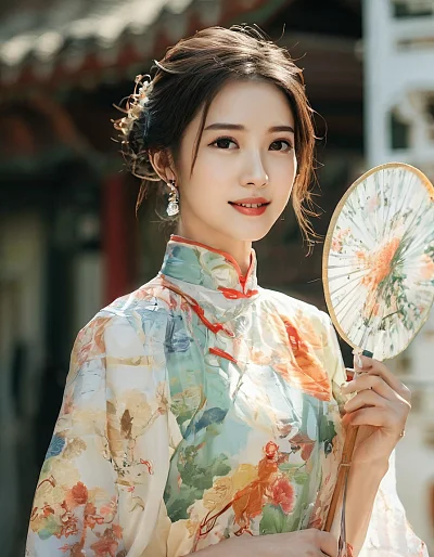 亚洲女性穿旗袍微笑手持扇子高清摄影