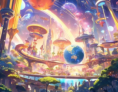 未来世界宏大小型宇宙飞船场面