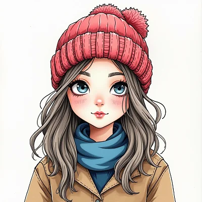 酷炫毛线帽女孩马克笔绘画风格