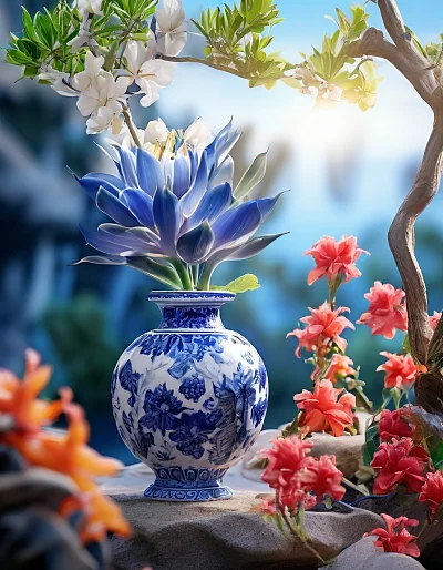 高精度昙花高清摄影古代花瓶背景模糊