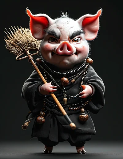 凶狠小猪角色设计图,黑色藏服九齿钉耙