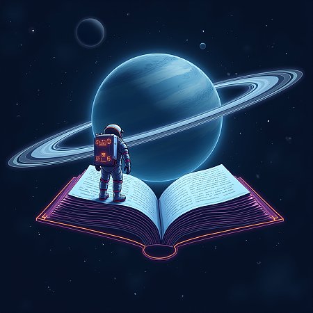 未来派宇航员与书形空间站土星环艺术