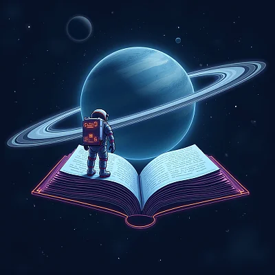 未来派宇航员与书形空间站土星环艺术