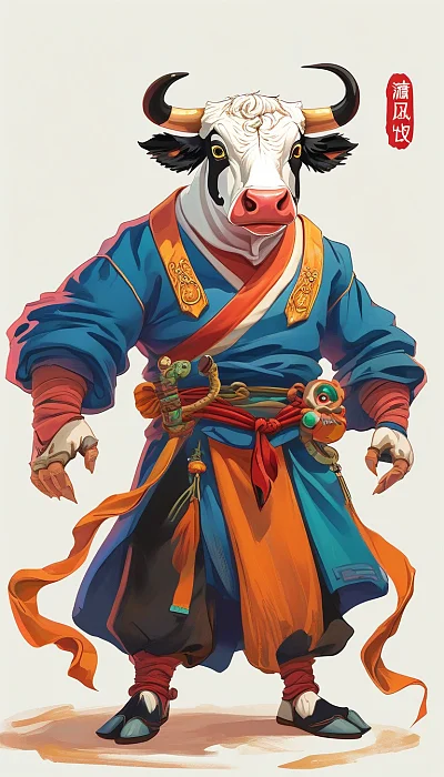 敦煌风格拟人化武术牛角色设计图