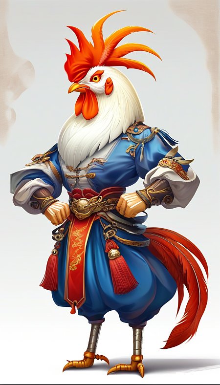 敦煌风格拟人化公鸡武术角色设计图