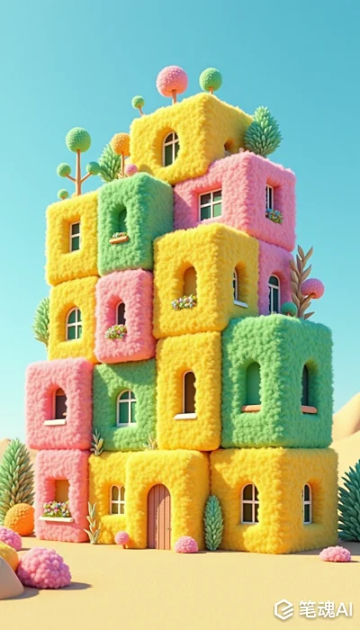 韦斯·安德森风格多彩毛绒建筑3D渲染