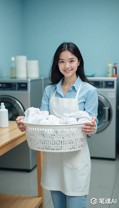 亚裔主妇洗衣房装满衣物