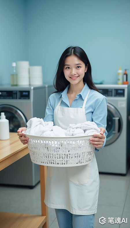 亚裔主妇洗衣房装满衣物