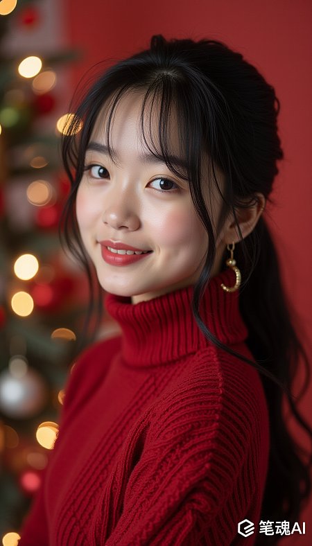 圣诞节纯色背景下的20岁日本女孩全身照