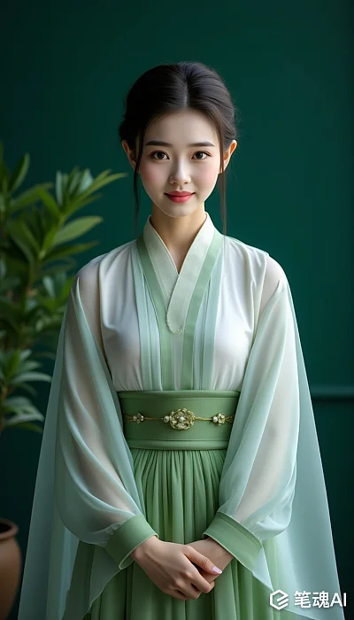 汉服美女绿色长裙8K高细节人像摄影