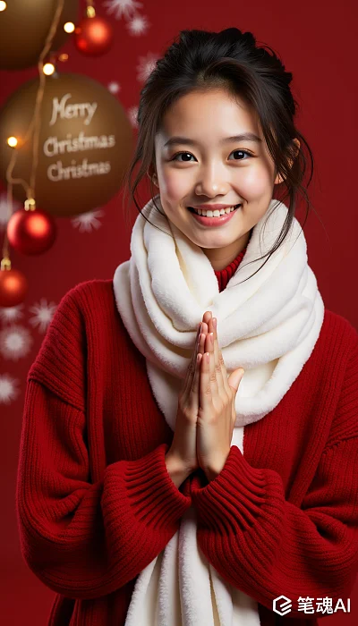 中国新年祝福美女红毛衣白色围巾