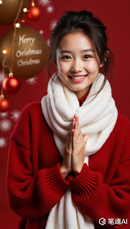 中国新年祝福美女红毛衣白色围巾