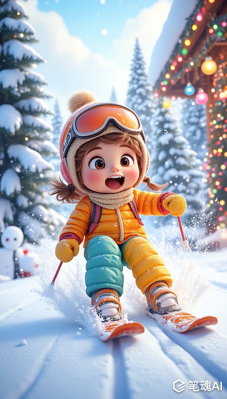儿童滑雪卡通插画近距离特写