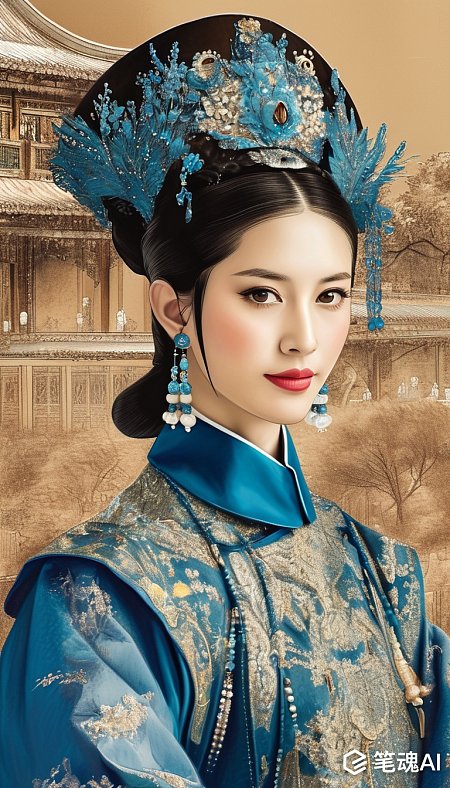 清朝女子弹奏音乐彩色铅笔画风格