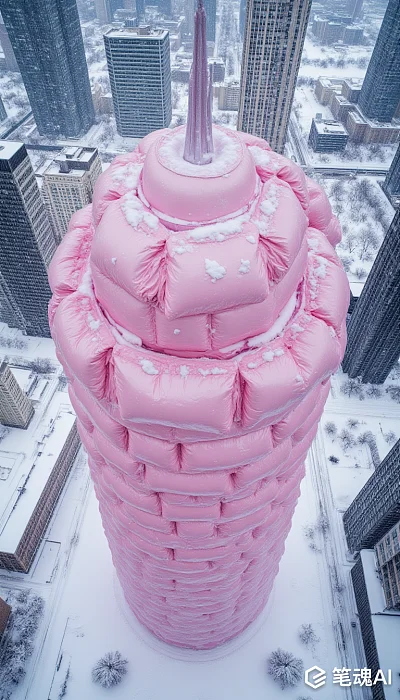 粉色羽绒服包围摩天大楼超高清冬季街景