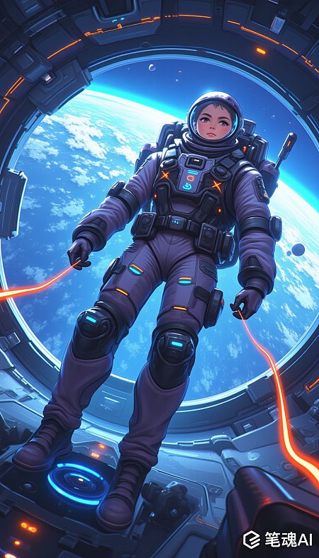 未来派宇宙飞船内宇航员零重力漂浮摄影