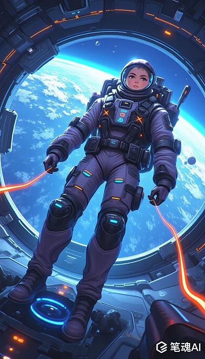 未来派宇宙飞船内宇航员零重力漂浮摄影