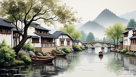 江南水乡春景水墨画