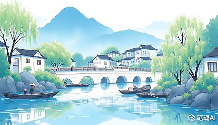 水墨江南水乡春景画宁静诗意