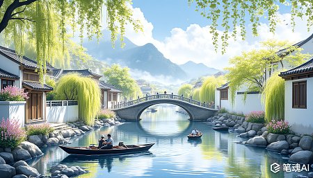 江南水乡春景水墨画风格