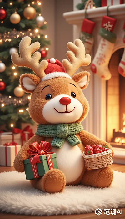 拟人化驯鹿毛绒玩具圣诞装饰数字插画
