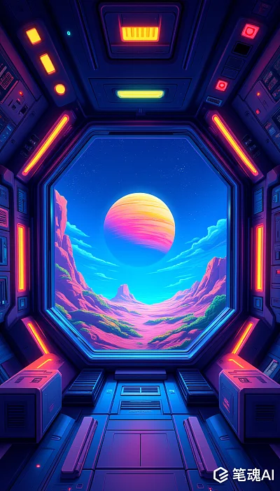 科幻宇宙飞船内部彩色星球