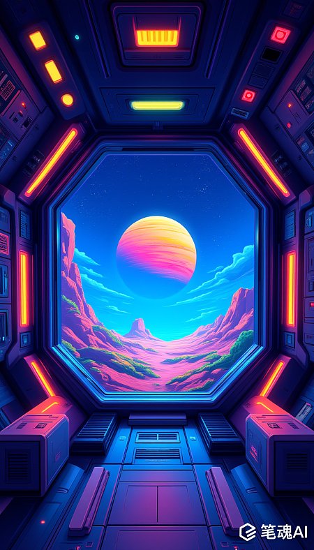 科幻宇宙飞船内部彩色星球