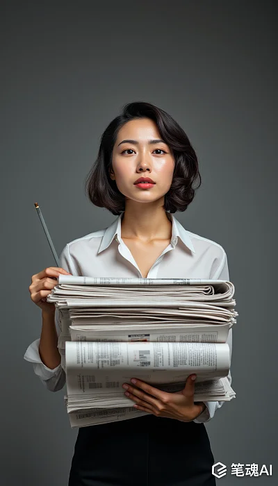 中国职场女性手持报纸面带忧愁表情