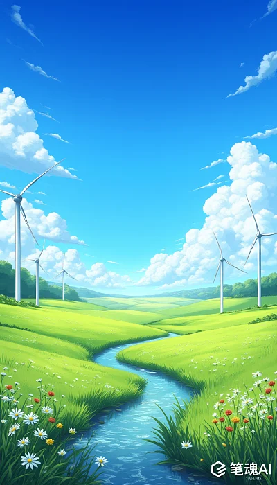 治愈系风车草地蓝天插画