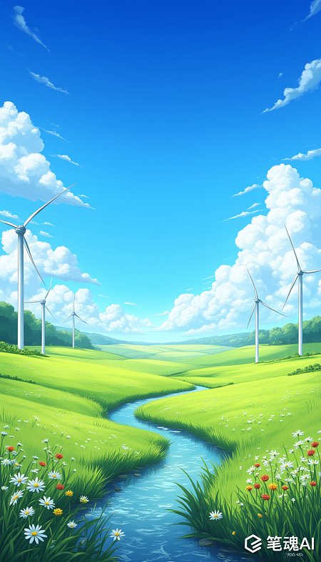 治愈系风车草地蓝天插画