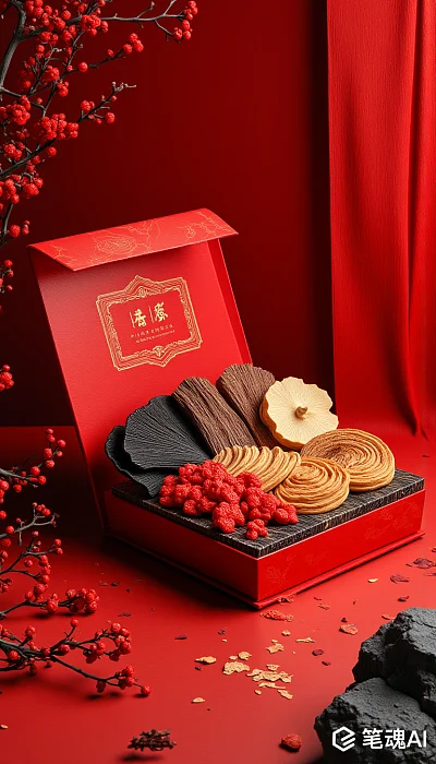 精致干货礼盒红黑金配色极简水墨画