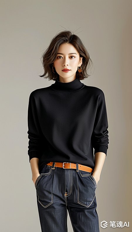 黑色毛衣蓝色牛仔裤搭配