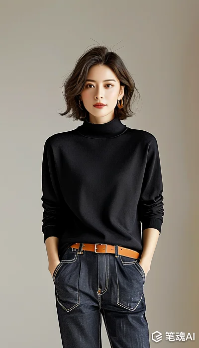 黑色毛衣蓝色牛仔裤搭配