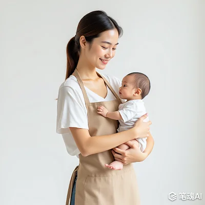 亚洲女性抱婴儿半身围裙高清照片