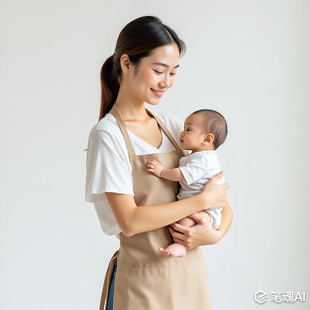 亚洲女性抱婴儿半身围裙高清照片