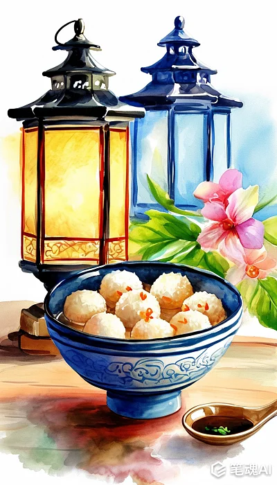 元宵节水彩画美味汤圆