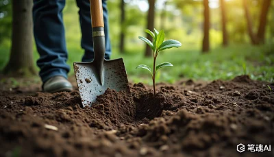 精植树技术特写铲子破土小树苗栖息地