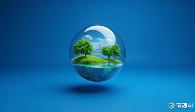 深蓝色背景3D玻璃球绿树象征环境保护