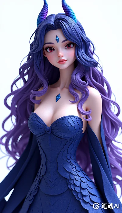 蓝紫渐变龙角长发女孩3D图像