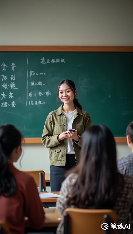 快乐女教师明亮教室黑板授课